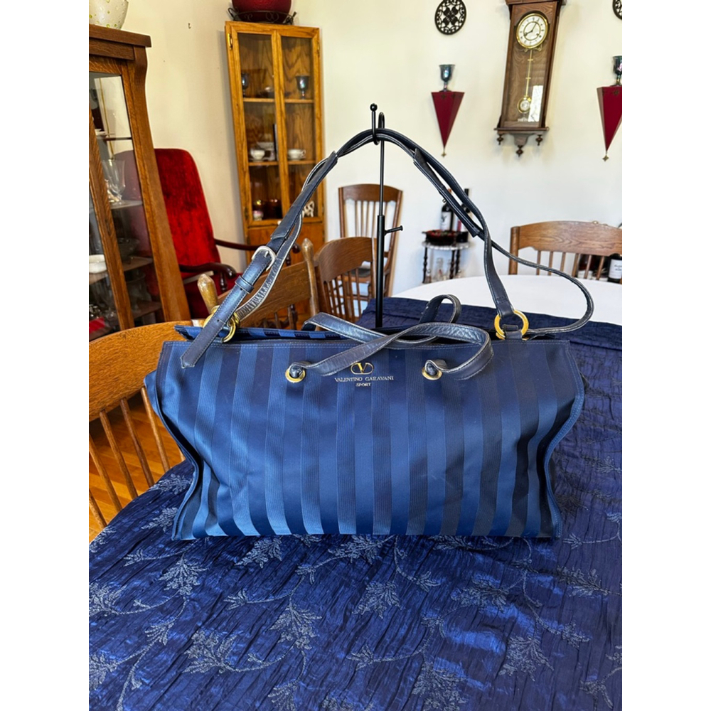 Valentino Garavani Leather & Nylon Navy Striped Travel Bag - Picture 2 of 16